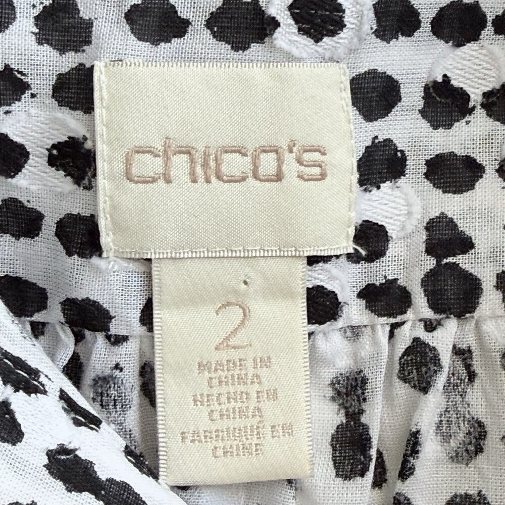 Chicos Top 2 Large Black White Dot Button Up Shirt Chicos Textured 3/4 Sleeve - Picture 5 of 7
